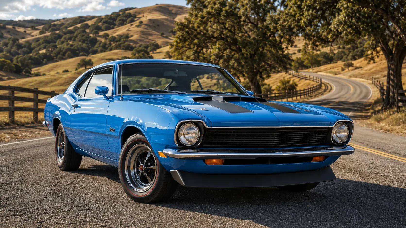 Restored 1971 Ford Maverick Grabber parked on a country road