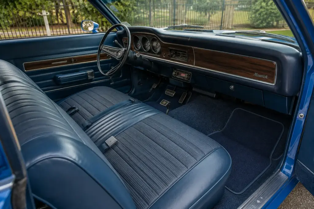 Luxury interior of a 1972 Ford Maverick LDO