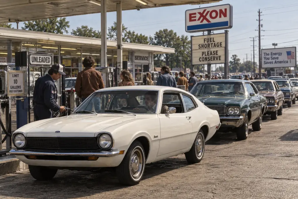 Ford Maverick waiting in line during the 1973 oil crisis