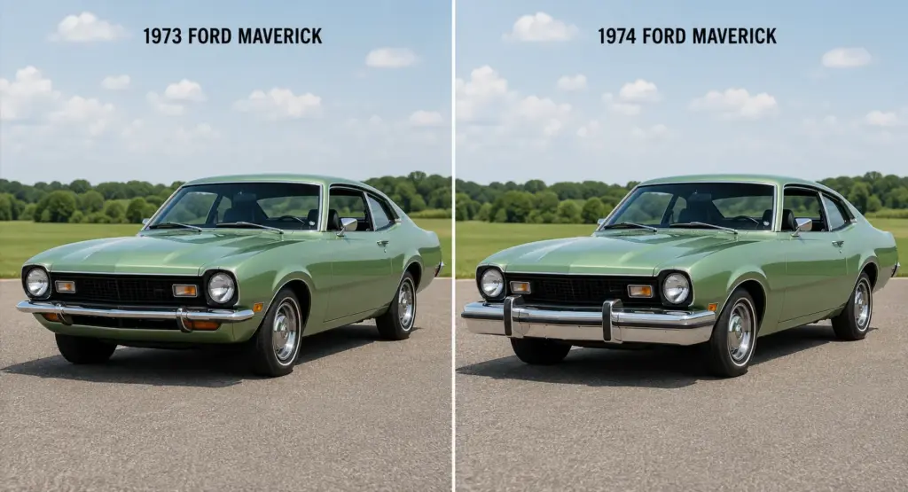 Comparison between 1973 and 1974 Ford Maverick front bumpers