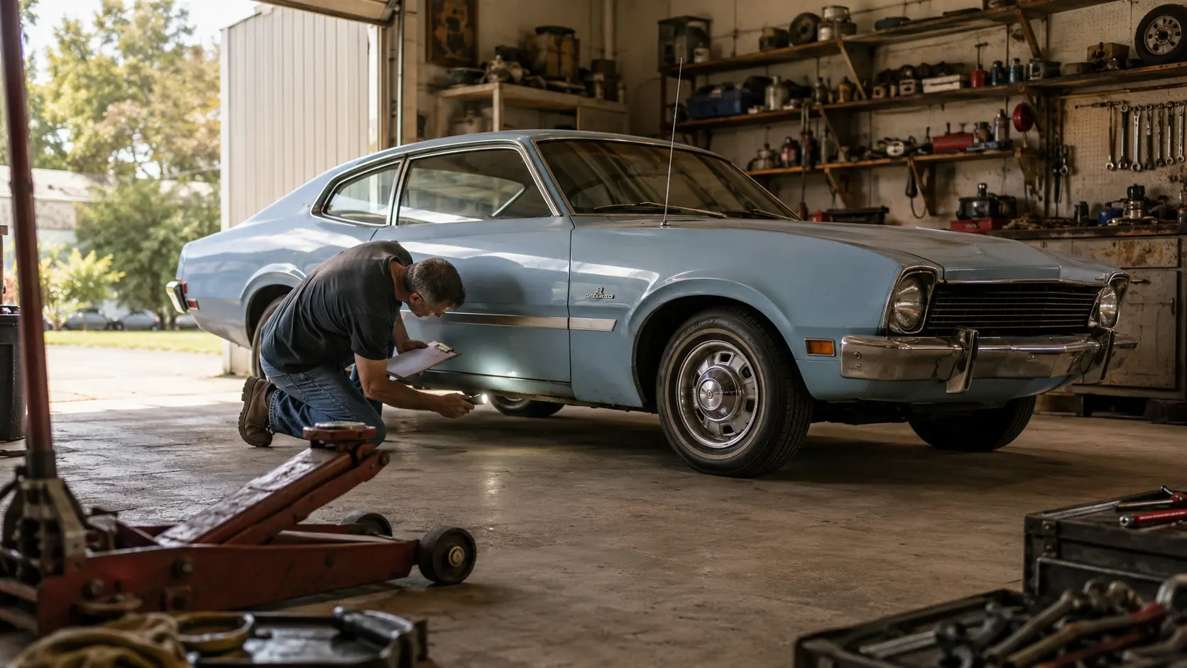 Buyer inspecting a classic 1971 Ford Maverick for rust before purchase.