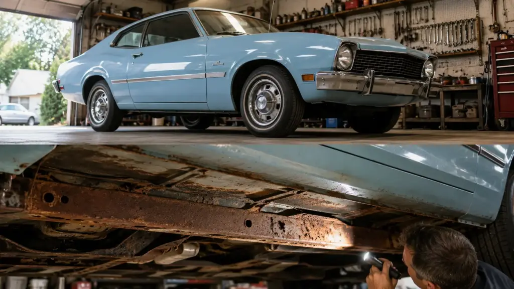 Hidden rust underneath a Ford Maverick rust frame rail.