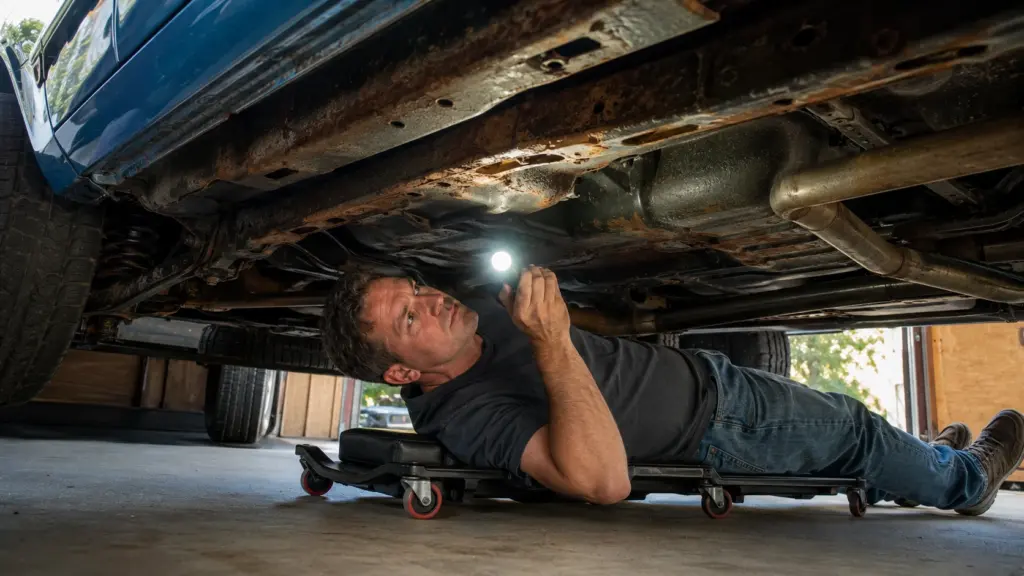 Inspecting_car_undercarriage_in_garage Inspecting car undercarriage in garage