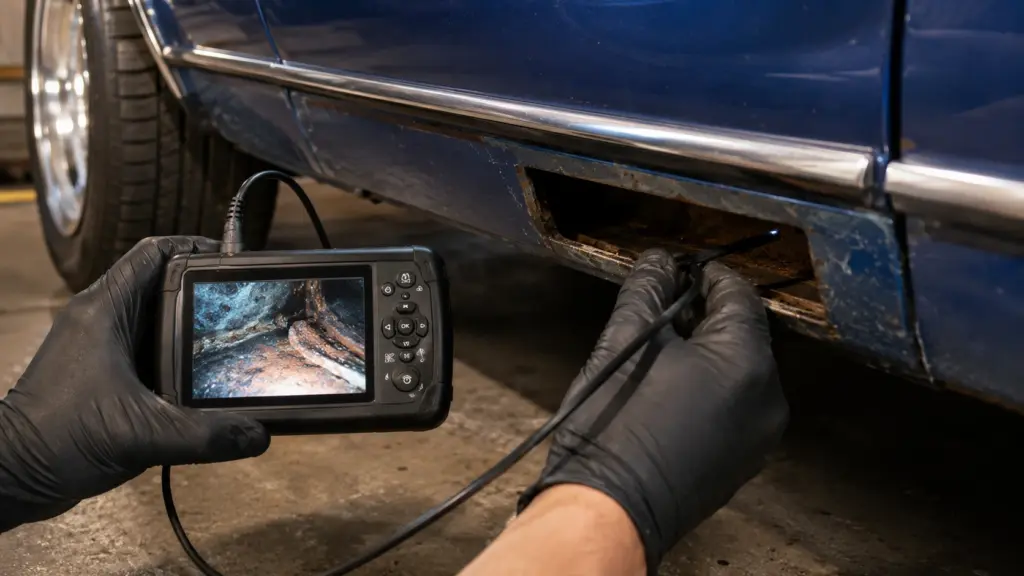 Inspecting rust in a vintage car