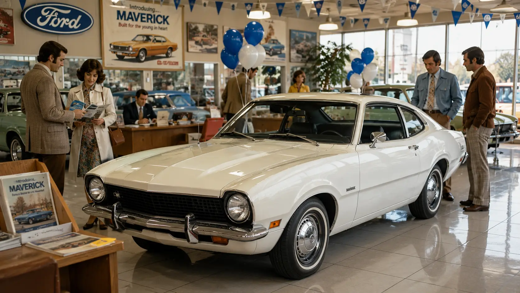 Ford Maverick displayed inside a 1970 Ford dealership