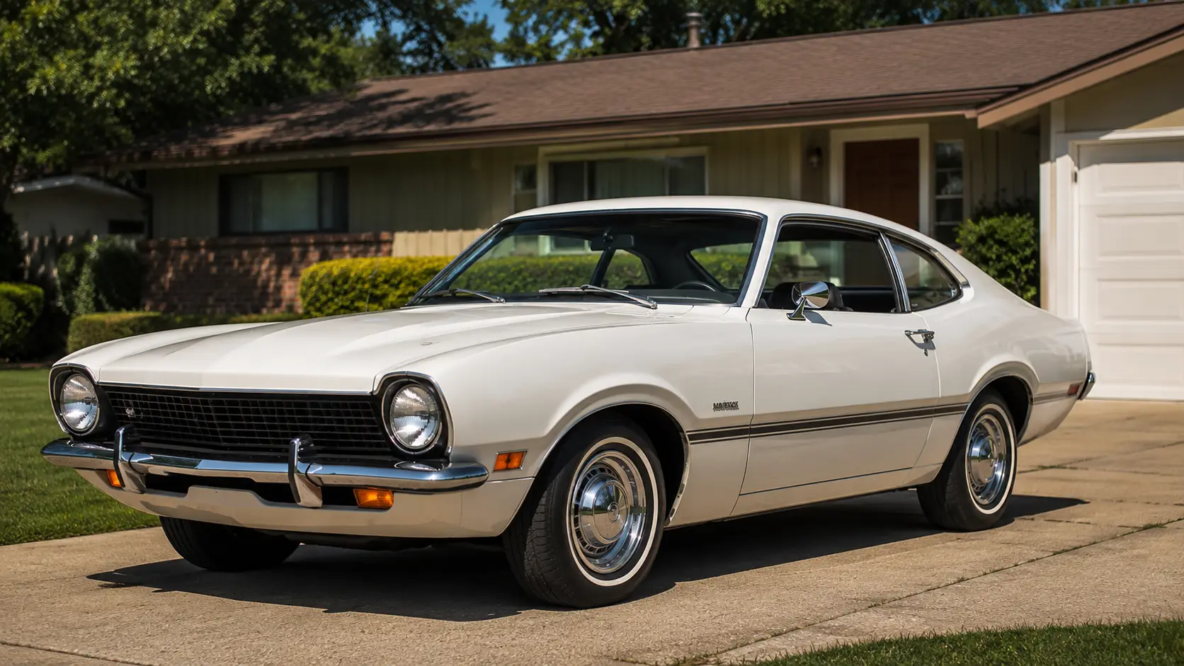 Factory original 1970 old Ford Maverick in Wimbledon White