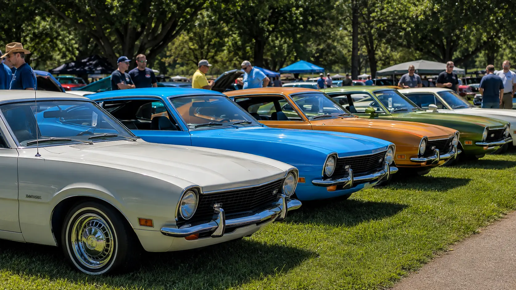 Classic Ford Maverick owners gathering at a weekend car meet