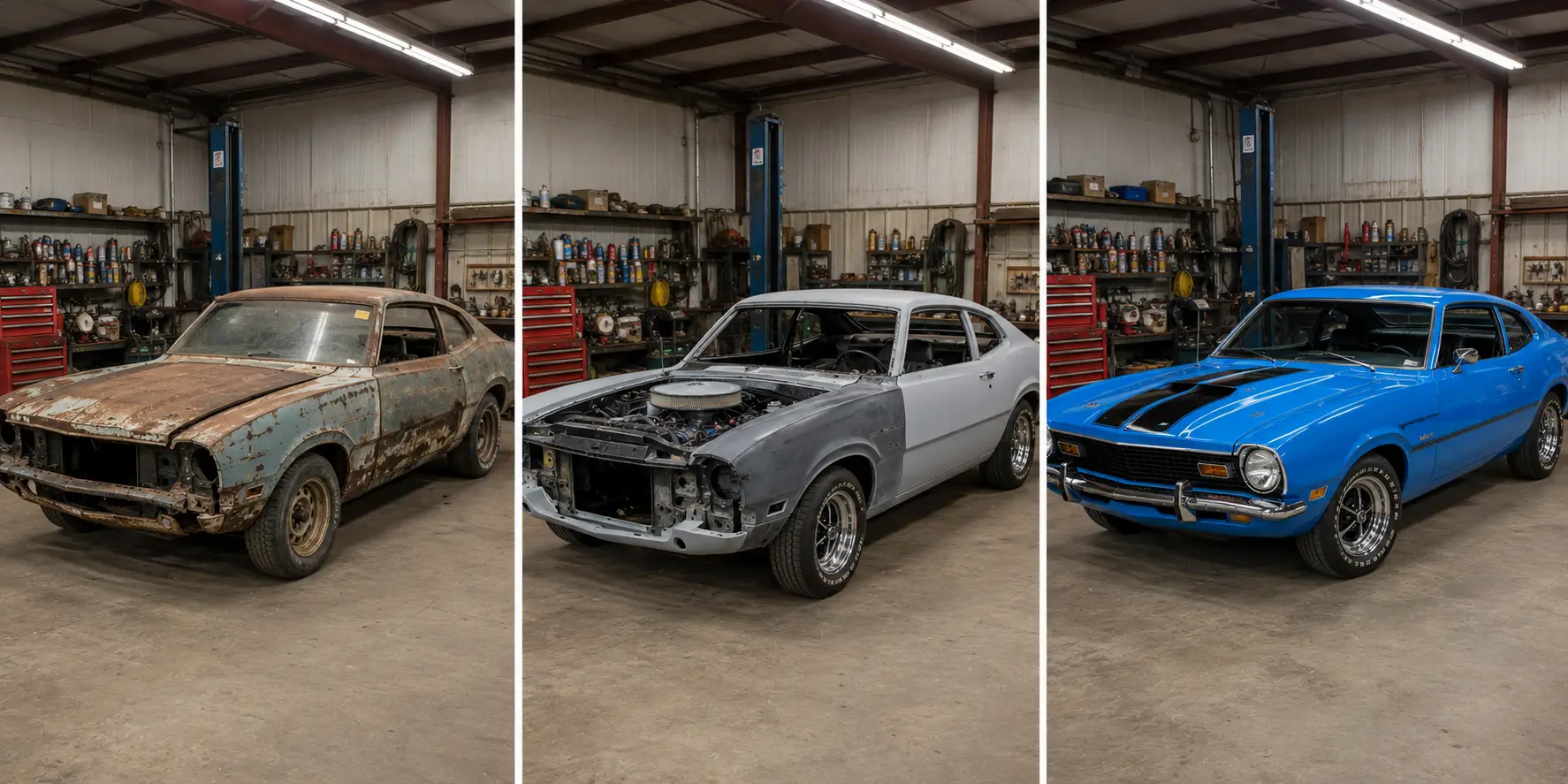 Ford Maverick during restoration in a professional workshop