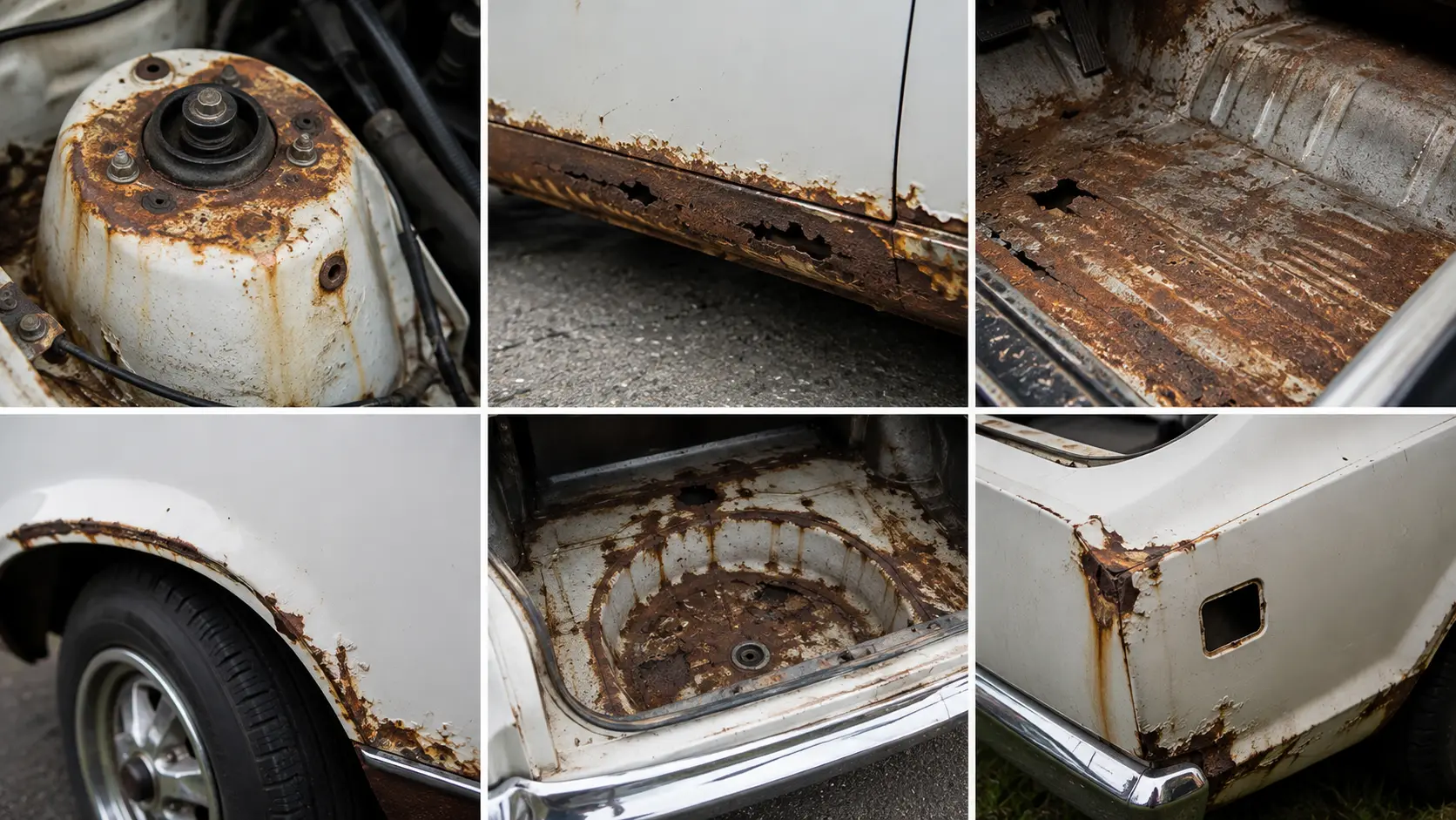 Close-up of common rust areas on a classic Ford Maverick