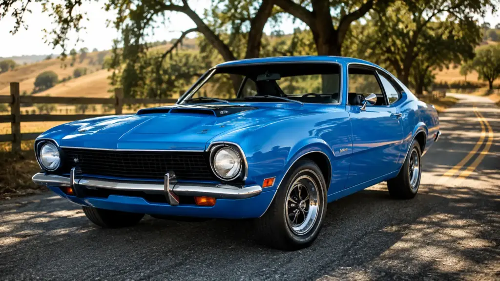 Beautifully restored old Ford Maverick Grabber parked on a country road during sunset