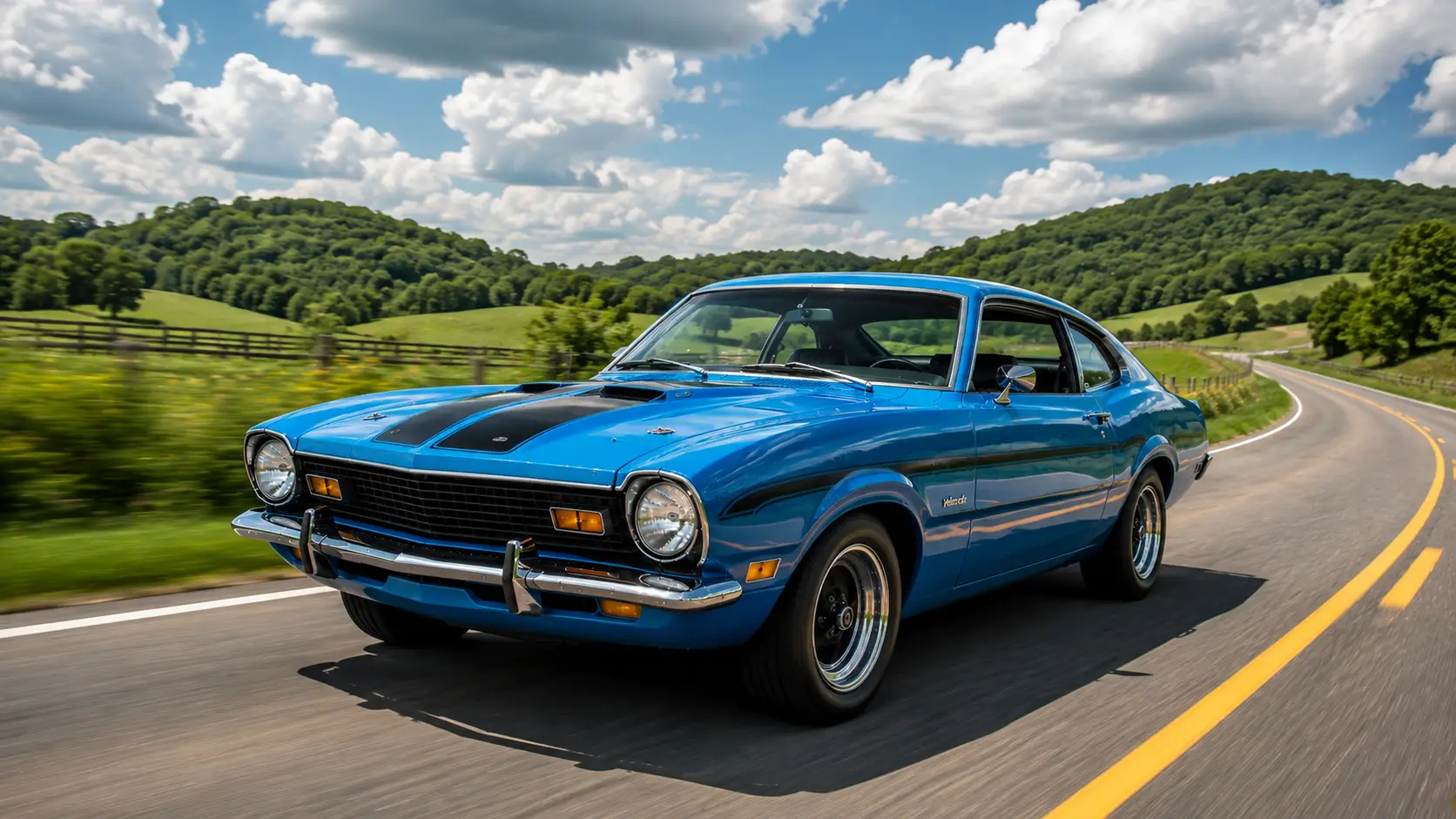 Classic Ford Maverick driving through the countryside at sunset